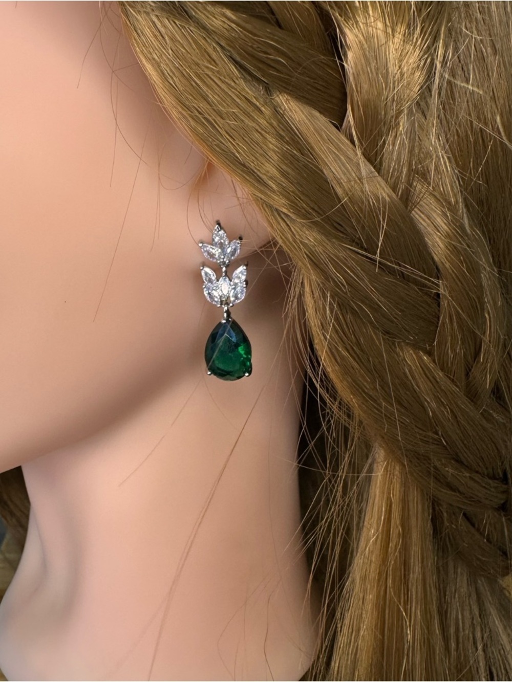 Emerald Green CZ Teardrop Dangle Earrings Leaf Bridal Wedding Statement Silver